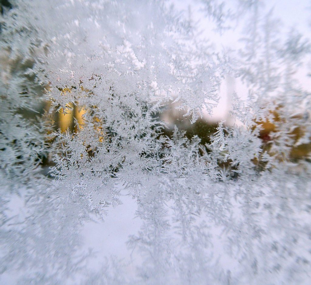 A closeup shot of beautiful snowflakes on a window